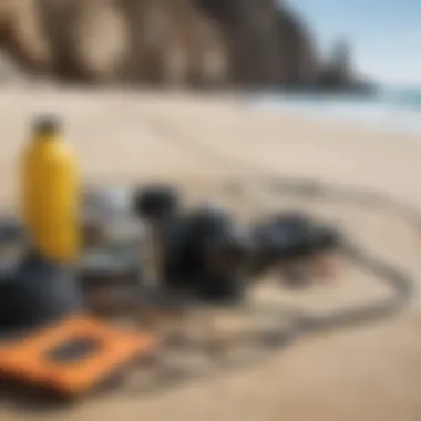 Essential surf fishing gear and equipment laid out on the beach