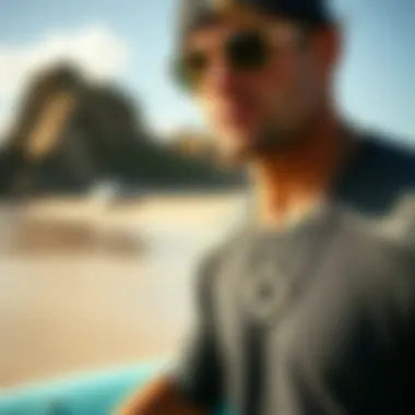 Surfer Showcasing Jewelry on the Beach Surfer wearing jewelry on a beach background