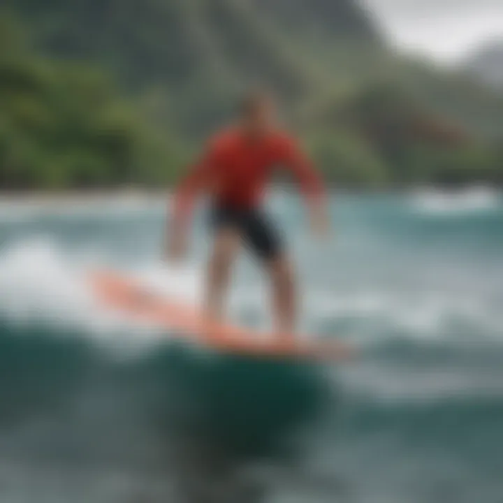 Novice surfers learning the art of wave riding on the gentle swells of Hanalei Bay.