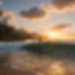 A breathtaking view of Hanalei Bay with surfers catching waves during sunset.