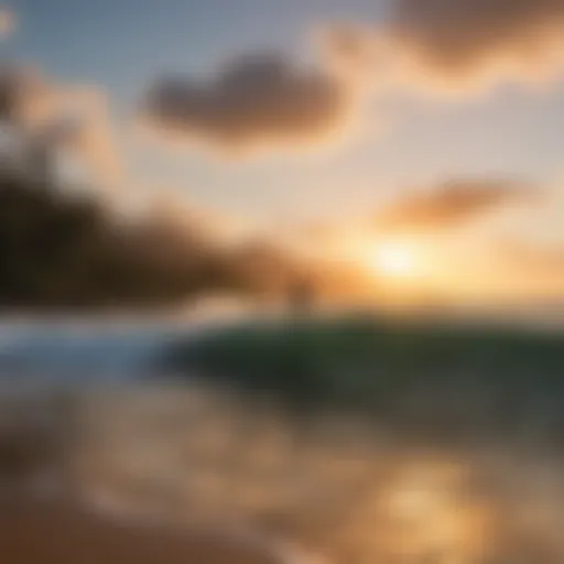 A breathtaking view of Hanalei Bay with surfers catching waves during sunset.