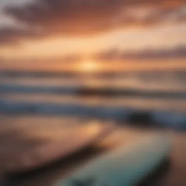 Captivating sunset over the ocean with surfboards in the foreground