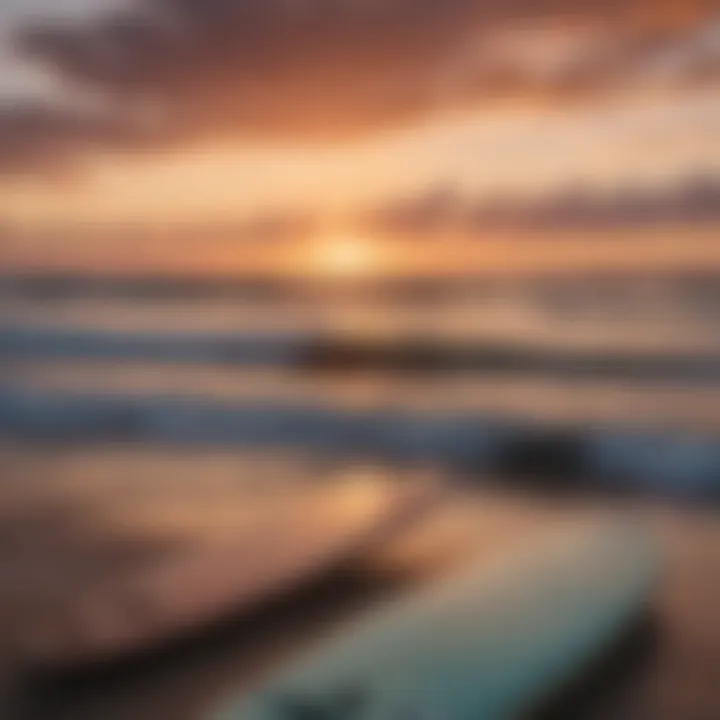 Captivating sunset over the ocean with surfboards in the foreground