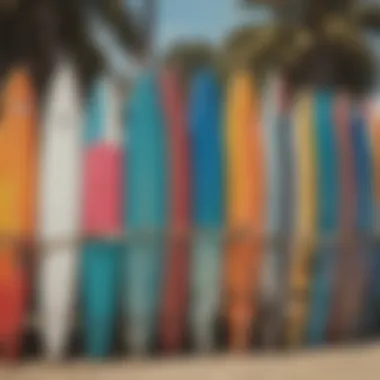 Vibrant surfboards lined up at Venice Beach