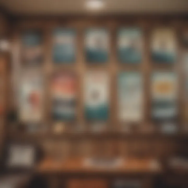 A collection of vintage surfing posters displayed in a stylish, contemporary interior.