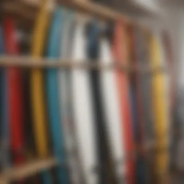 Close-up of surfboards organized neatly on the Arris rack mount