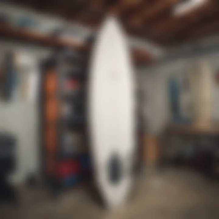 Arris surfboard rack mount installed in a garage with multiple surfboards