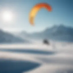 A kite surfer gracefully gliding over a pristine snow landscape