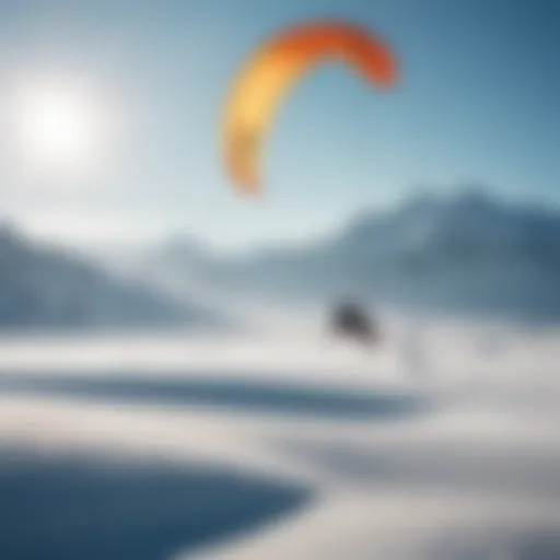 A kite surfer gracefully gliding over a pristine snow landscape