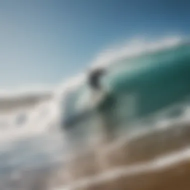 Surfers riding formidable waves in a vibrant beach setting