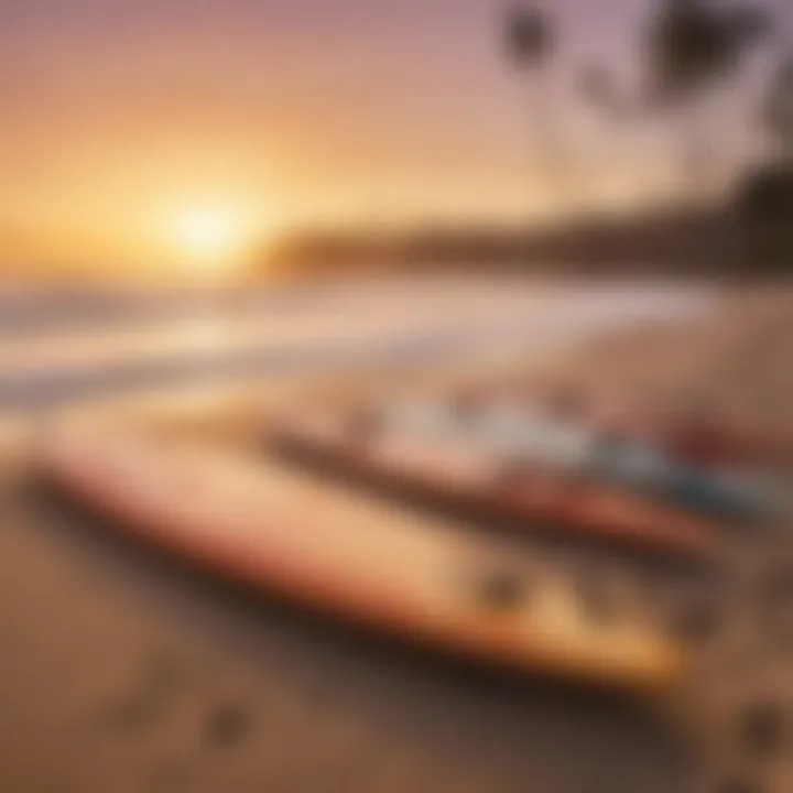 Surfboards lined up on the sand during sunset