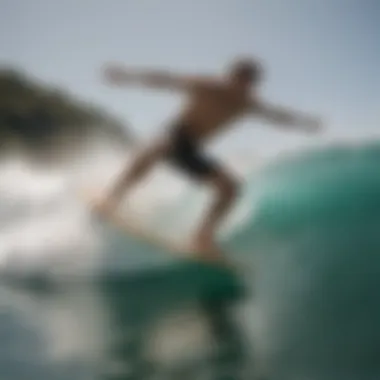 Action shot of a skimboarder gliding over the water with a fiberglass skimboard