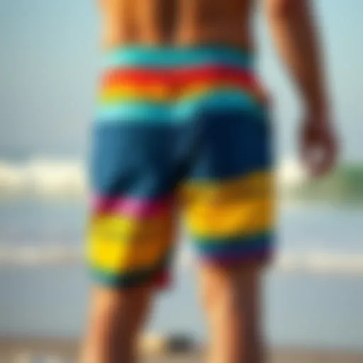 Vibrant board shorts against a beach backdrop