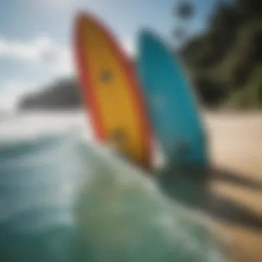 A close-up of surfboards and vibrant beach culture