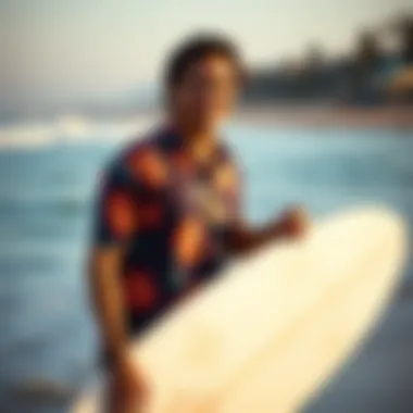 Surfer Embracing the Crazy Shirt Trend by the Beach A surfer wearing a colorful crazy shirt by the beach