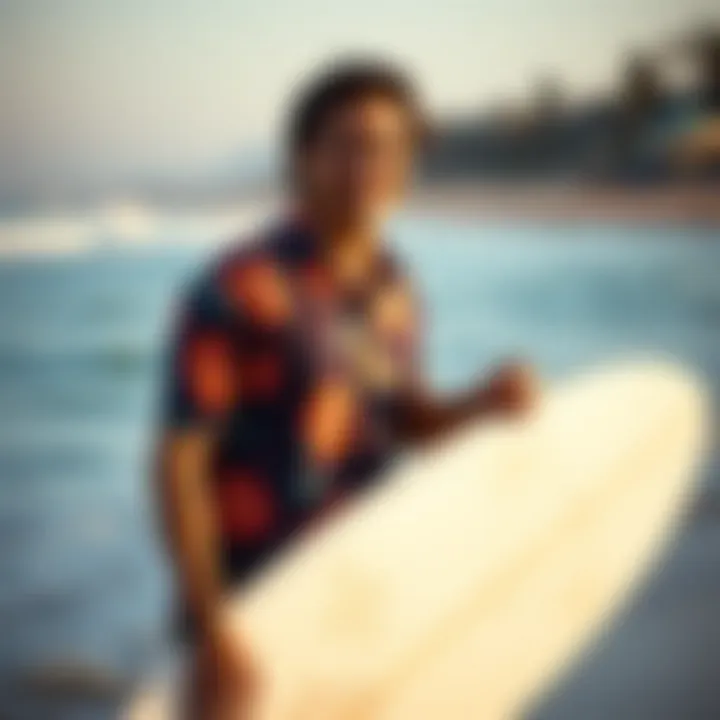Surfer Embracing the Crazy Shirt Trend by the Beach A surfer wearing a colorful crazy shirt by the beach