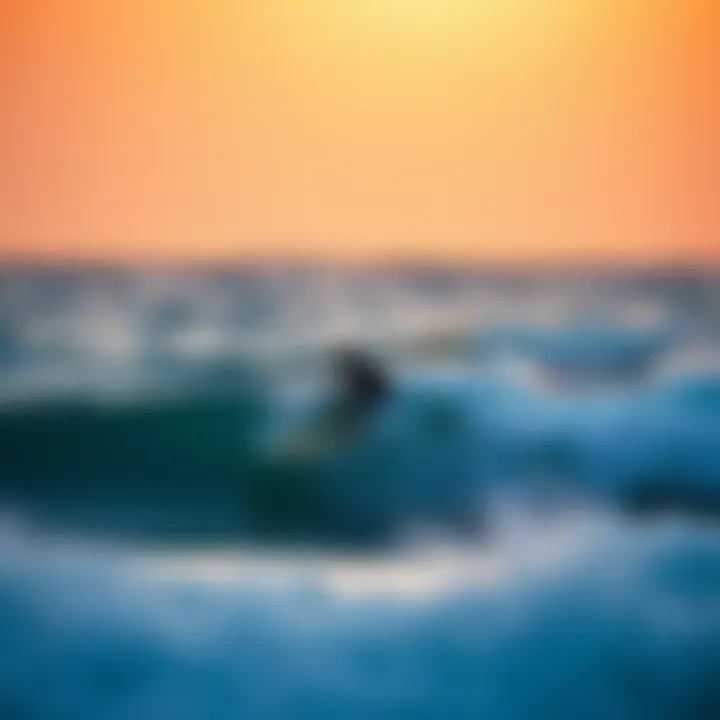 Chasing the Horizon: Surfing at Dusk A surfer skillfully navigating a wave at sunset