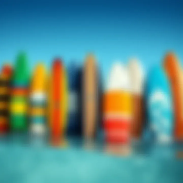 Artistry on Water: Diverse Surfboard Designs A vibrant surfboard collection showcasing various designs