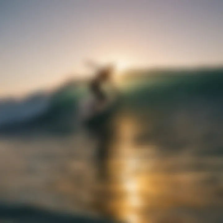 A breathtaking view of a surfer riding a wave at sunset, showcasing the beauty of the ocean.