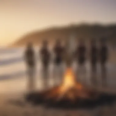 A group of surfers gathered around a bonfire, symbolizing community and heritage in surf culture.