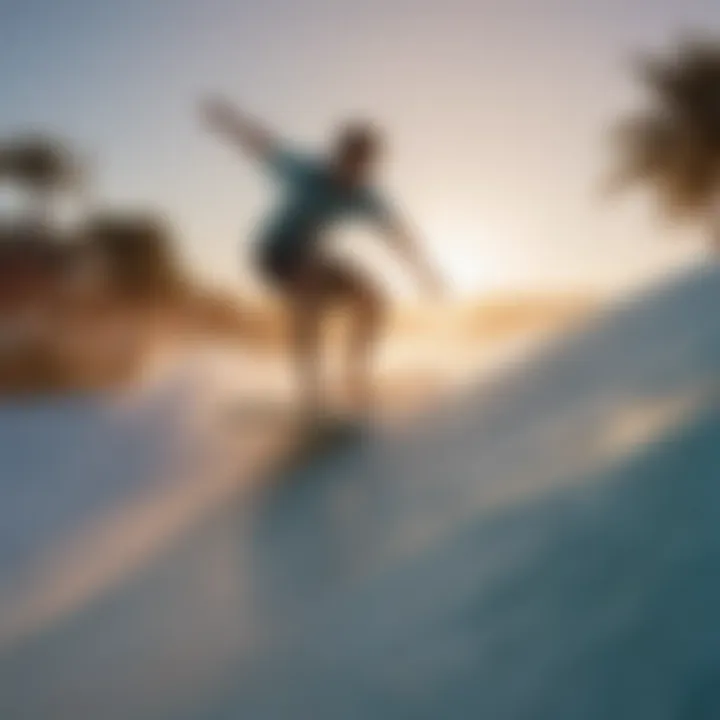 A serene sunset backdrop behind a Flowrider, capturing the sport's cultural essence