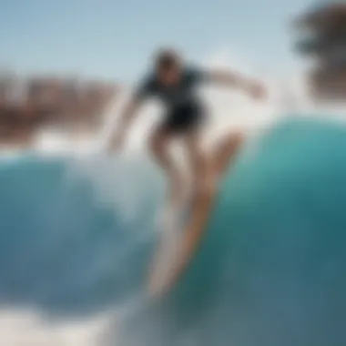 A vibrant Flowrider surf park filled with diverse surfers enjoying the waves