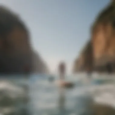 A group of enthusiasts engaging in inflatable SUP surfing at a popular beach