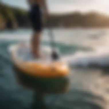 Technical Specifications of an Inflatable SUP Board A close-up of the technical specifications on an inflatable SUP board