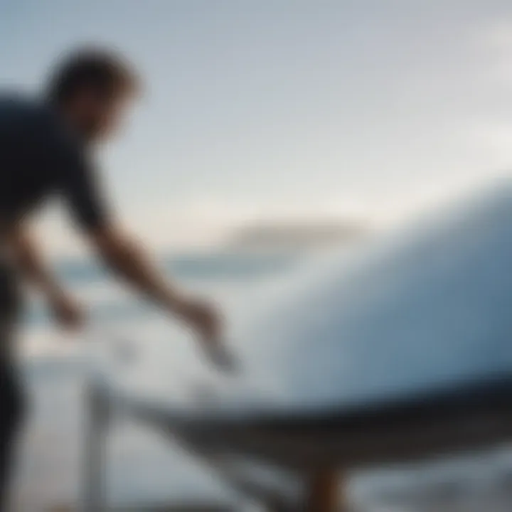 Detailed view of the mechanics involved in a foil surfboard