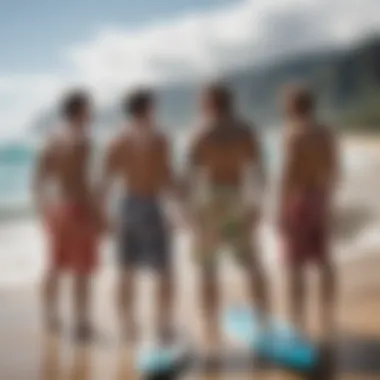 Group of surfers wearing Molokai surf shirts on the beach