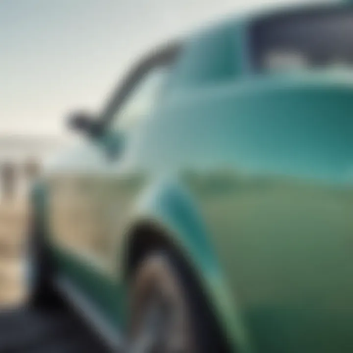 Close-up of Mustang's surf green paint reflecting sunlight