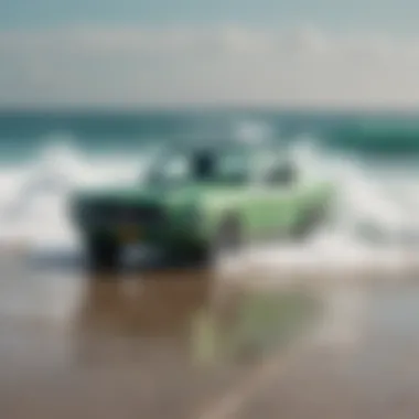 Surf green Mustang parked near the ocean waves