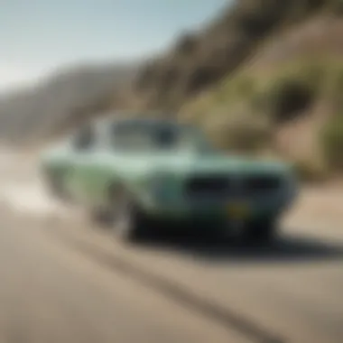 Surfer driving a surf green Mustang on a coastal road