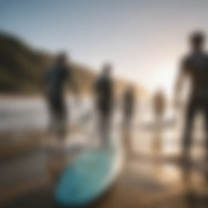 Group of surfers sharing equipment and experiences on the beach