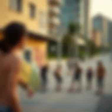 A scenic view of a group of enthusiasts engaging in ripstik riding in an urban environment