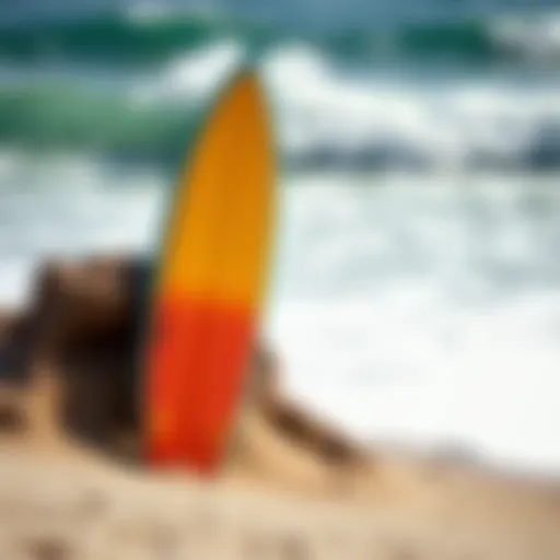 A vibrant surfboard leaning against a sandy beach with waves crashing in the background