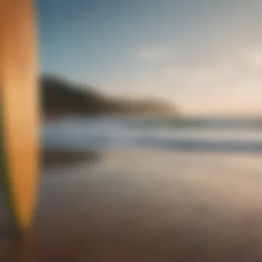 A tranquil ocean scene with surfboards resting on the sand