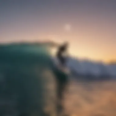 Surfer riding a wave at sunset with visible moon in the sky