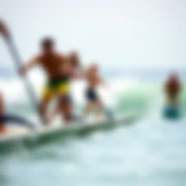 Group of Paddleboarders with Motorized Fins Group of paddleboarders experiencing the benefits of motorized fins