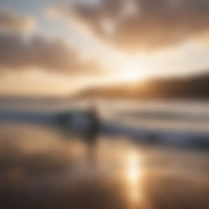 A serene beach scene at sunrise, reflecting the tranquil mindset of a surfer.