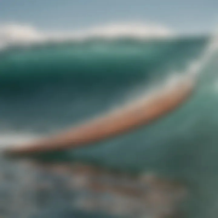 Close-up of a surfboard's fin in water, symbolizing stability and connection to the wave.