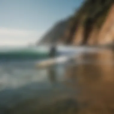 A tranquil beach scene showcasing a surfer using a foil board