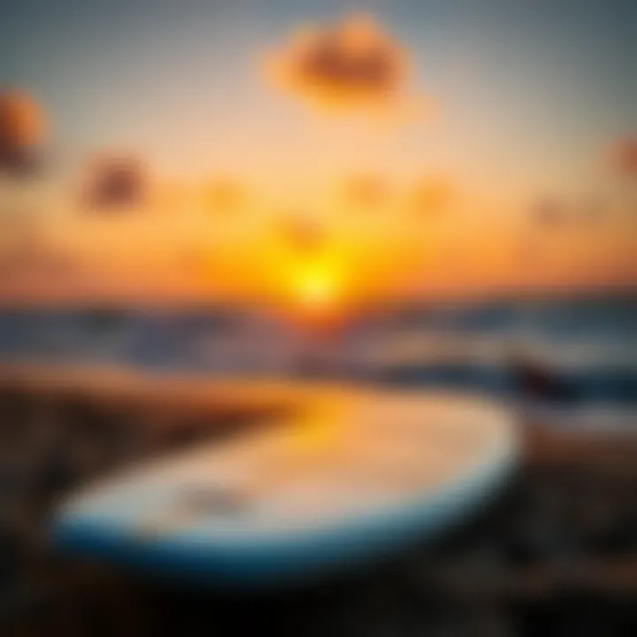 Sunset Serenity with Surfboard Surfboard resting on the beach with a beautiful sunset in the background