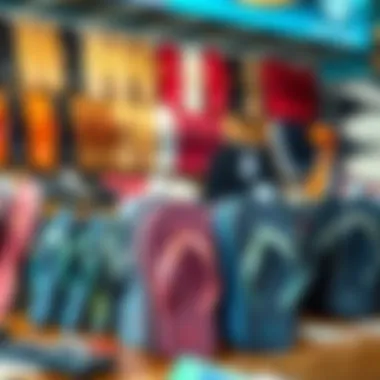 Display of various flip flop designs in a surf shop