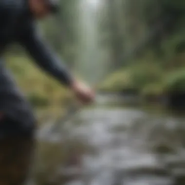 An angler selecting a steelhead rod amidst various fishing gear