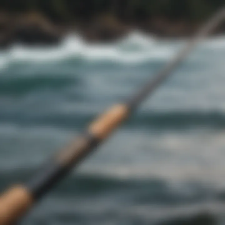 A close-up view of a high-quality steelhead rod designed for surf fishing