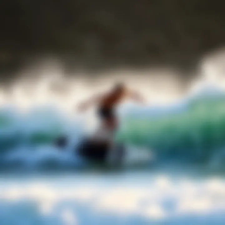 Dynamic skimboarding action on the waves