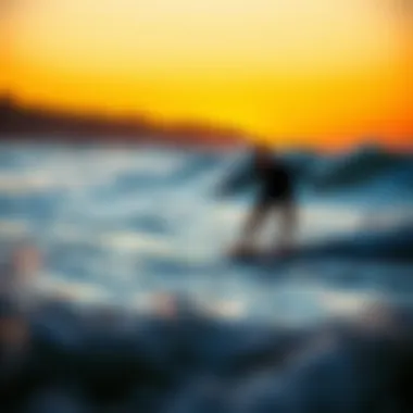 Sunset Skimboarding Adventure Skimboarder riding along the shore at sunset