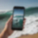 Surfer checking surf conditions on a mobile app