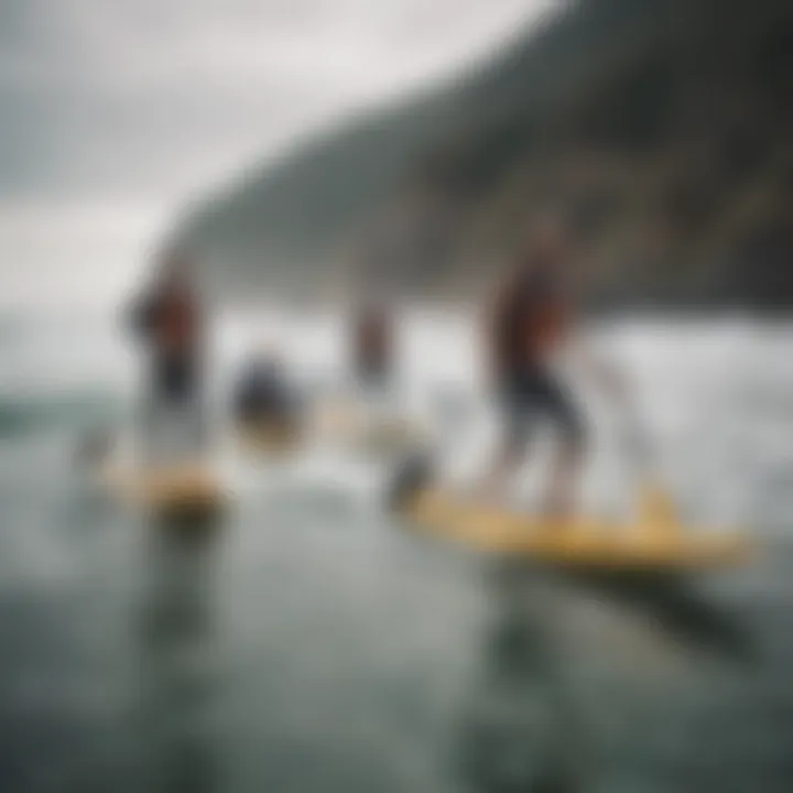 A group training session utilizing the surf paddling machine for fitness